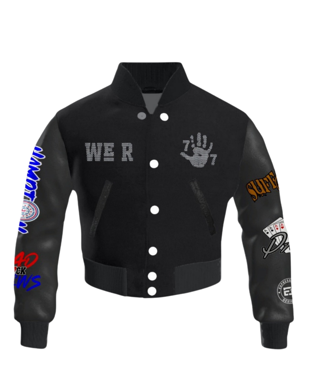 "WE R 757" Exclusive Rhinestone Embellished Cropped Varsity Jacket