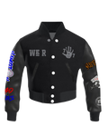 "WE R 757" Exclusive Rhinestone Embellished Cropped Varsity Jacket