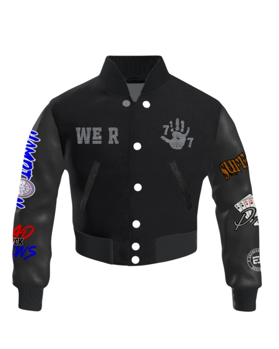 "WE R 757" Exclusive Rhinestone Embellished Cropped Varsity Jacket