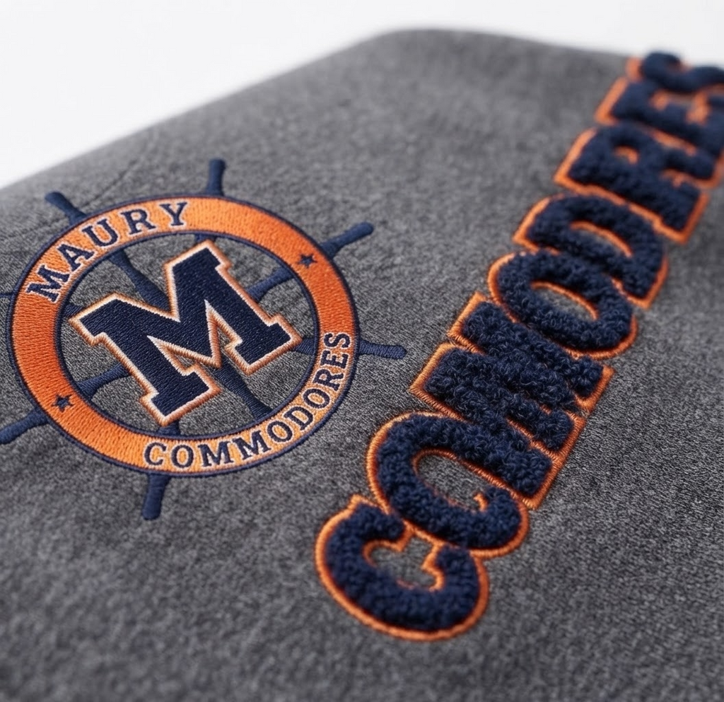 Close-up of a gray fabric item featuring an embroidered navy and orange Maury Commodores logo and large matching 'COMMODORES' text.
