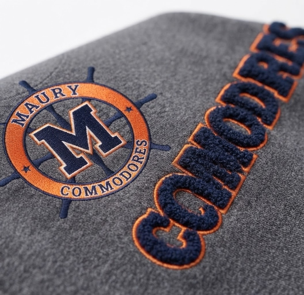 Close-up of a gray fabric item featuring an embroidered navy and orange Maury Commodores logo and large matching 'COMMODORES' text.