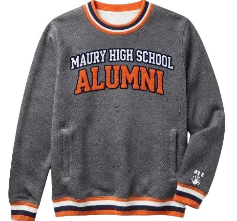 A heather gray long-sleeve sweatshirt with 'MAURY HIGH SCHOOL ALUMNI' printed on the chest in white and orange varsity lettering. The sweatshirt features orange, white, and navy blue striped ribbed collar, cuffs, and hem, and a small white logo on the left sleeve cuff.